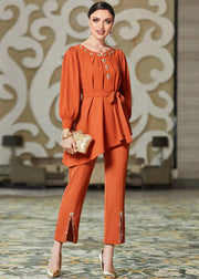 Modern Orange O-Neck Asymmetrical Top And Crop Pants Two Piece Set Fall