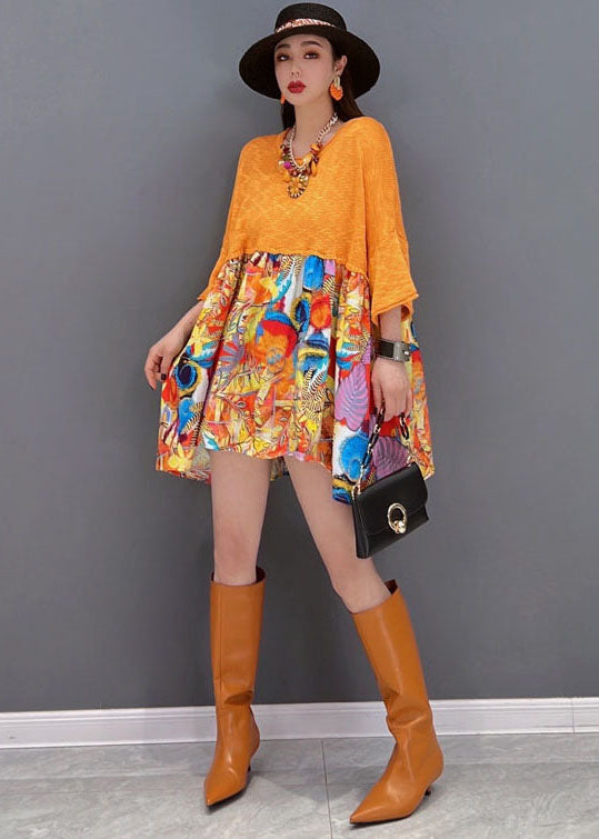 Modern Orange O-Neck Patchwork Print Loose Mid Dress Bracelet Sleeve