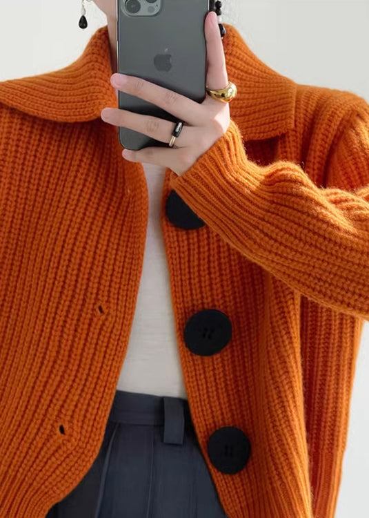 Modern Orange Peter Pan Collar Button Down Knit Cardigan Winter