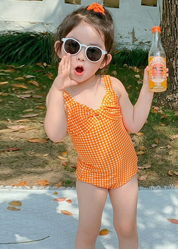 Modern Orange Plaid Bow Kids One Piece Swimsui Summer