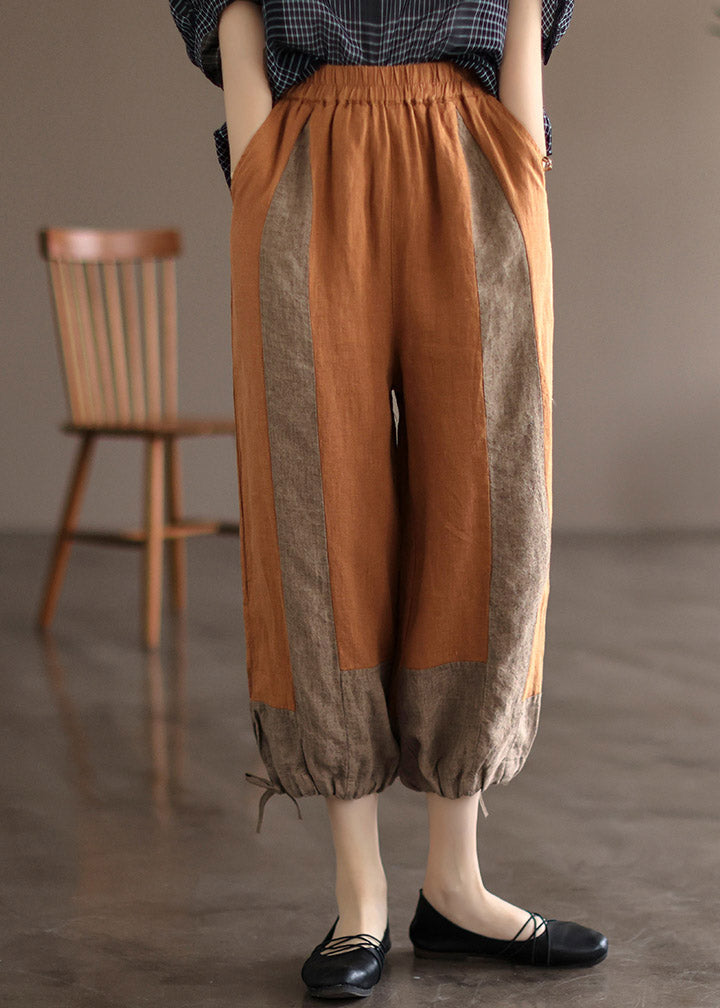 Modern Orange Pockets Patchwork Linen Lantern Pants Summer