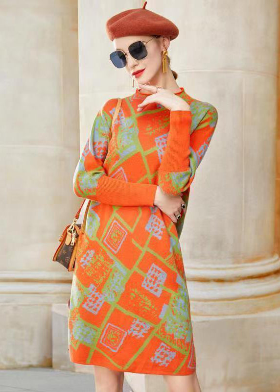 Modern Orange Stand Collar Jacquard Patchwork Woolen Dress Winter