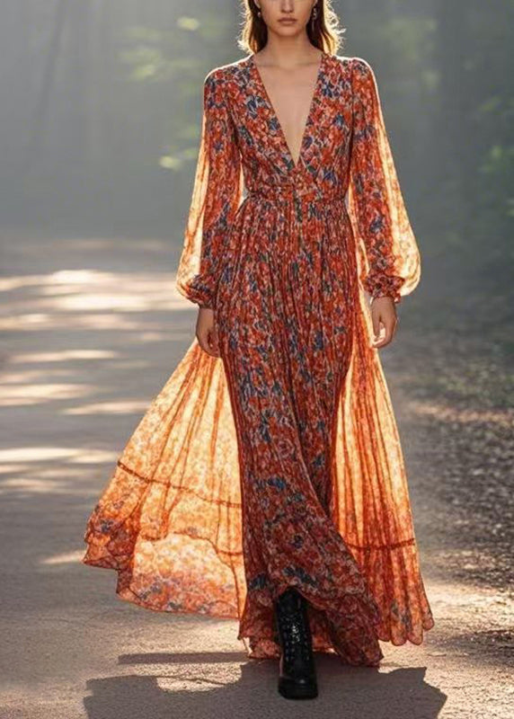 Modern Orange Wrinkled Patchwork Chiffon Long Dress Lantern Sleeve