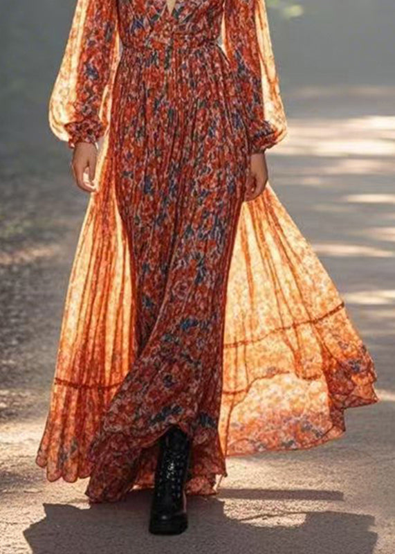 Modern Orange Wrinkled Patchwork Chiffon Long Dress Lantern Sleeve