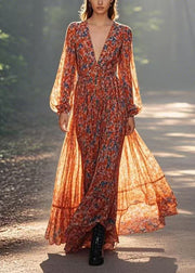 Modern Orange Wrinkled Patchwork Chiffon Long Dress Lantern Sleeve