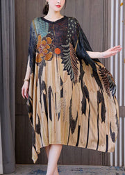 Modern Oversized Print Silk Holiday Dress Batwing Sleeve