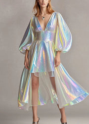 Modern Pearl White Deep-V Neck Low High Design Sequins Dresses Lantern Sleeve