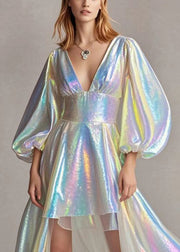 Modern Pearl White Deep-V Neck Low High Design Sequins Dresses Lantern Sleeve