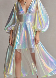 Modern Pearl White Deep-V Neck Low High Design Sequins Dresses Lantern Sleeve