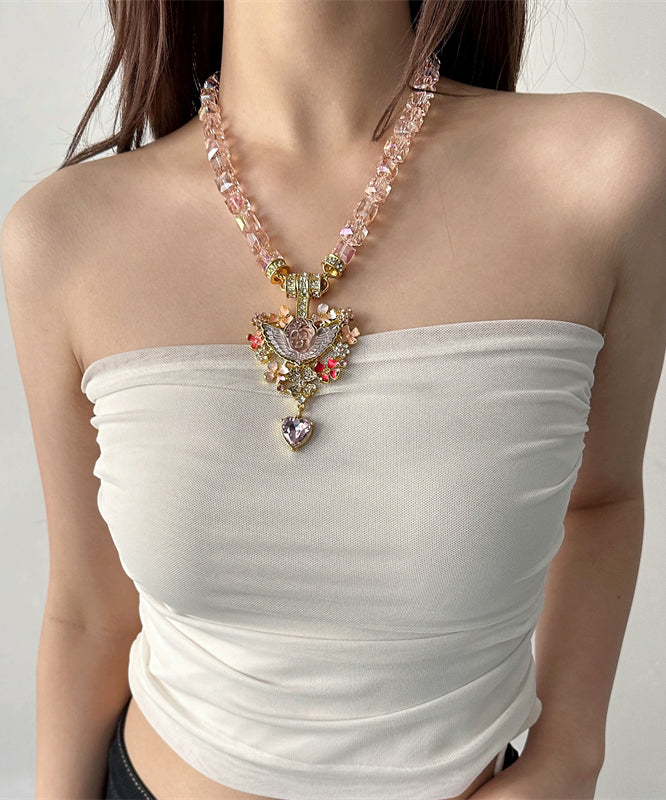 Modern Pink Acrylic Alloy Crystal Beading Pendant Necklace