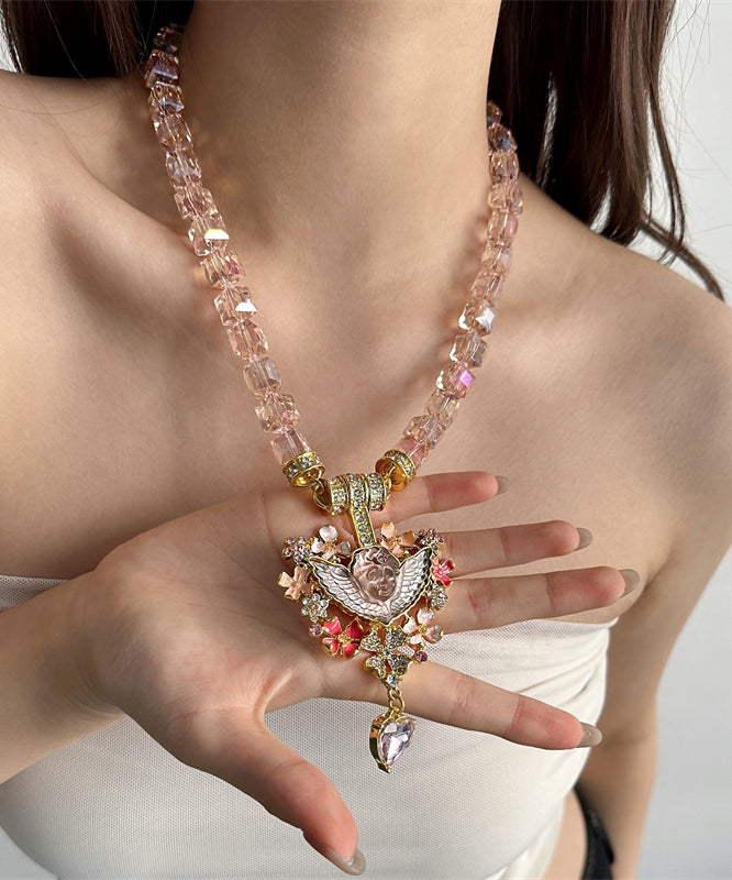 Modern Pink Acrylic Alloy Crystal Beading Pendant Necklace