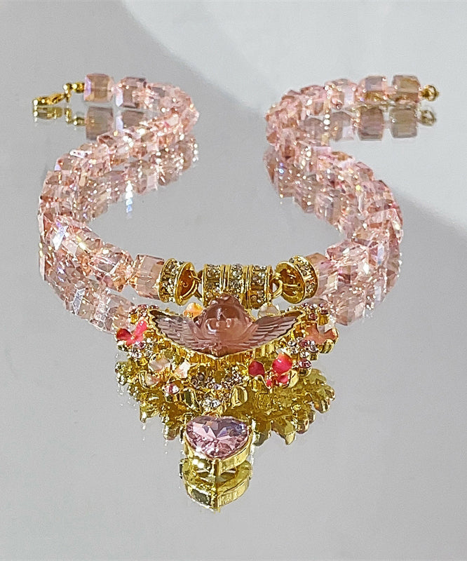 Modern Pink Acrylic Alloy Crystal Beading Pendant Necklace