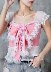 Modern Pink Bow Patchwork Lace Cotton Beach Vest Summer