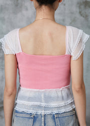 Modern Pink Bow Patchwork Lace Cotton Beach Vest Summer