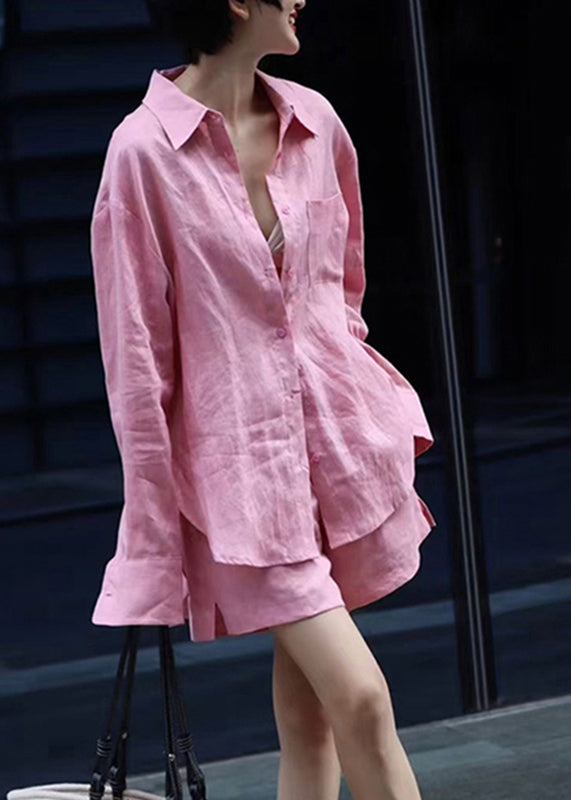 Modern Pink Button Shirts And shorts Two Pieces Set Fall