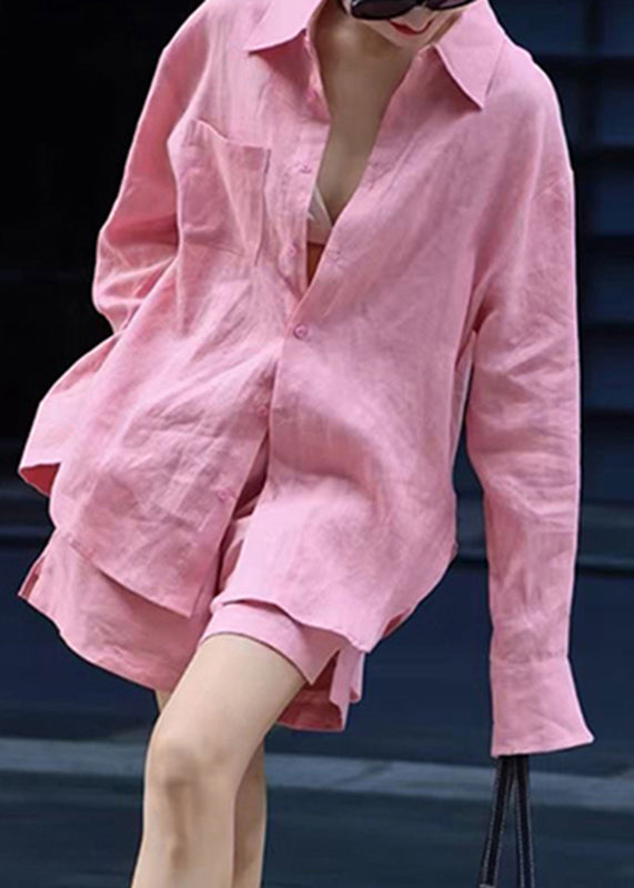 Modern Pink Button Shirts And shorts Two Pieces Set Fall