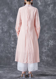 Modern Pink Chinese Button Patchwork Wrinkled Cotton Dress Summer