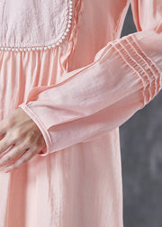 Modern Pink Chinese Button Patchwork Wrinkled Cotton Dress Summer