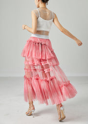 Modern Pink Elastic Waist Patchwork Hollow Out Tulle Skirt Summer