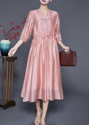 Modern Pink Embroidered Cinched Silk Holiday Dress Summer