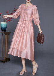 Modern Pink Embroidered Cinched Silk Holiday Dress Summer