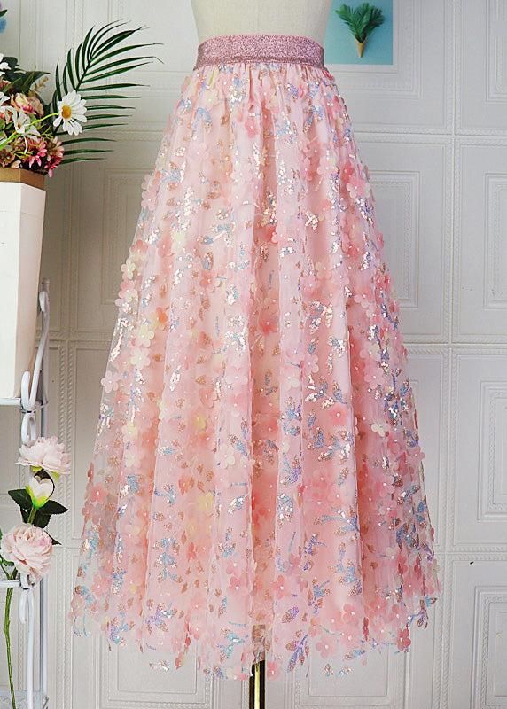 Modern Pink Embroideried Floral High Waist Sequins Tulle Maxi Skirt Spring