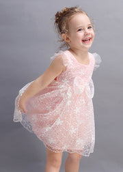 Modern Pink Embroideried Floral Tulle Girls Mid Dresses Summer