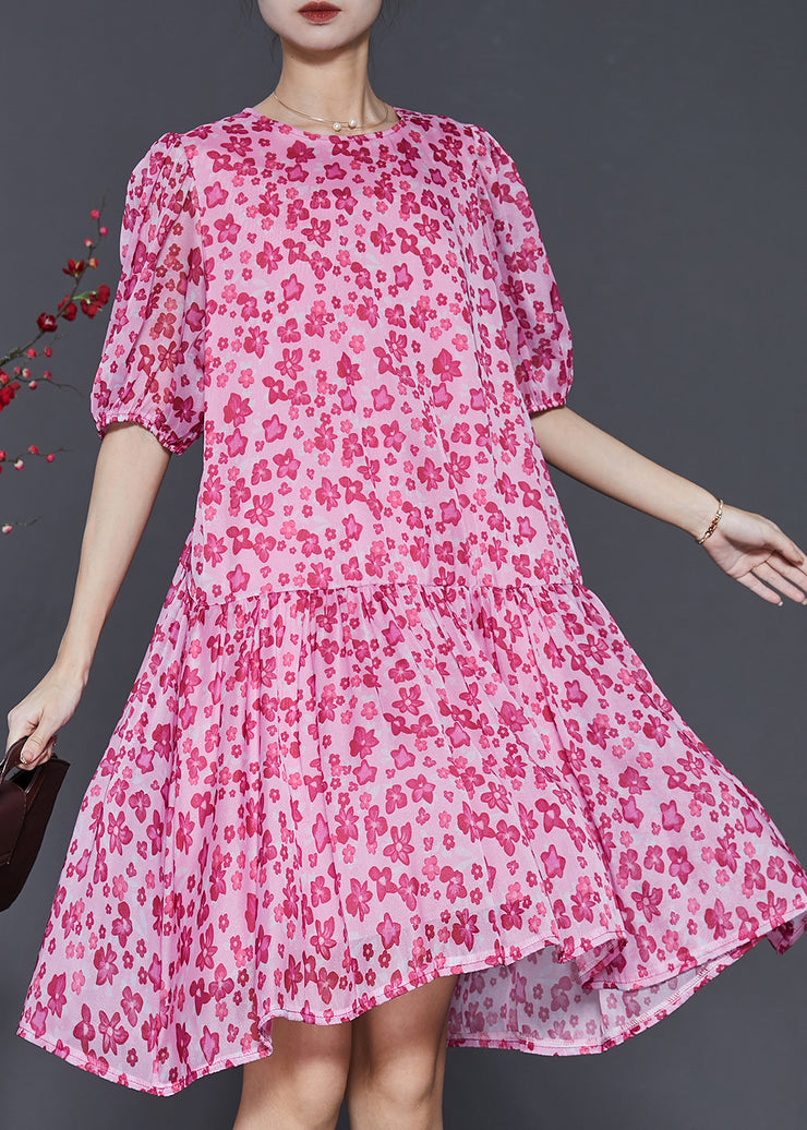 Modern Pink Exra Large Hem Print Chiffon Dress Summer