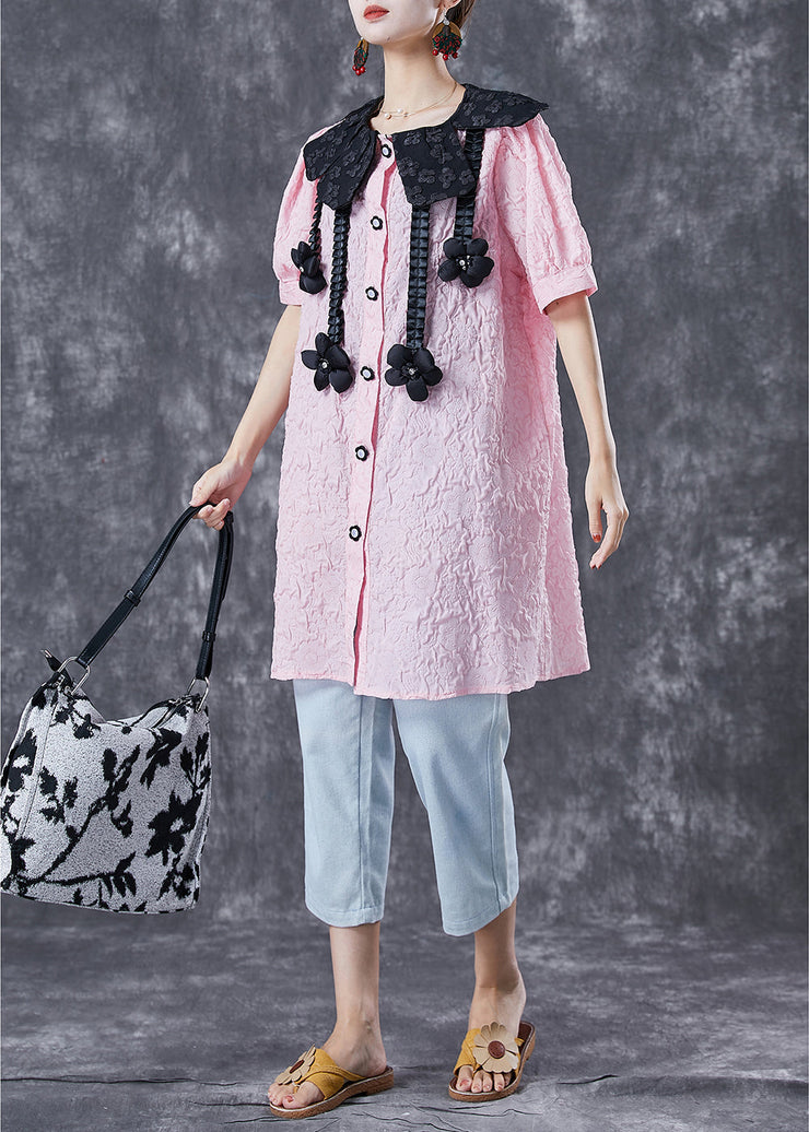 Modern Pink Jacquard Floral Cotton Shirt Dress Summer