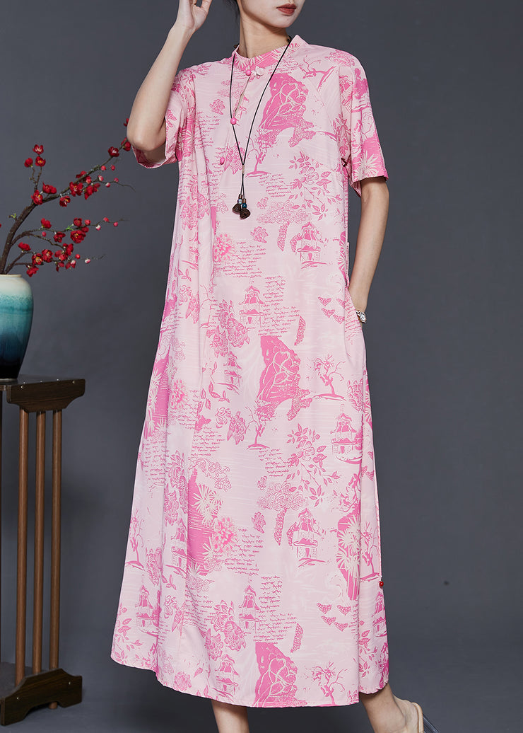Modern Pink Mandarin Collar Print Silk Vacation Dresses Summer