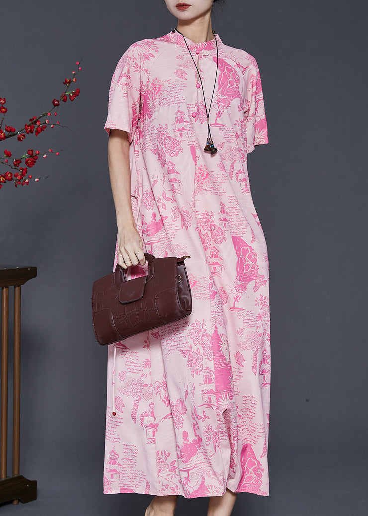 Modern Pink Mandarin Collar Print Silk Vacation Dresses Summer