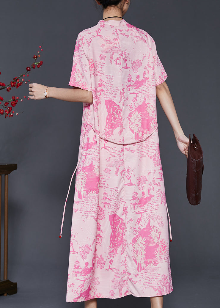 Modern Pink Mandarin Collar Print Silk Vacation Dresses Summer
