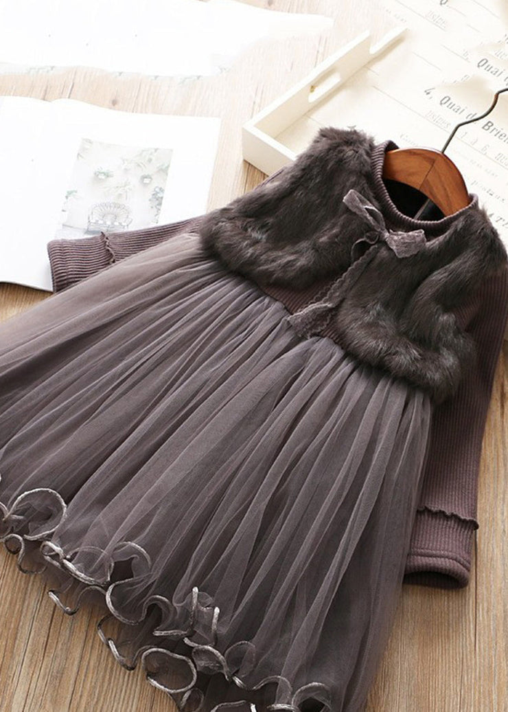 Modern Pink Mink Velvet False Two Pieces Warm Fleece Baby Girls Dress Winter