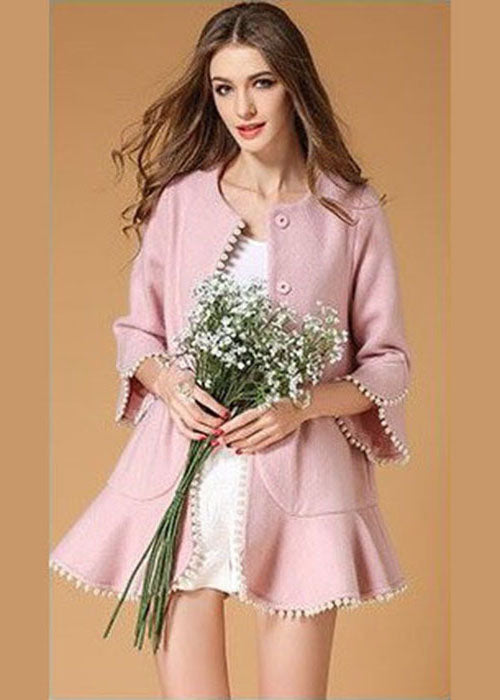 Modern Pink Nail bead Ruffles Woolen Coats Spring