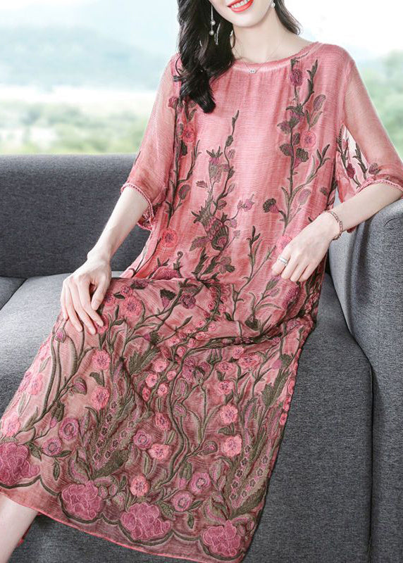 Modern Pink O-Neck Embroideried Silk A Line Dress Half Sleeve