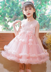 Modern Pink O-Neck Floral Tulle Kids Mid Dress Sleeveless