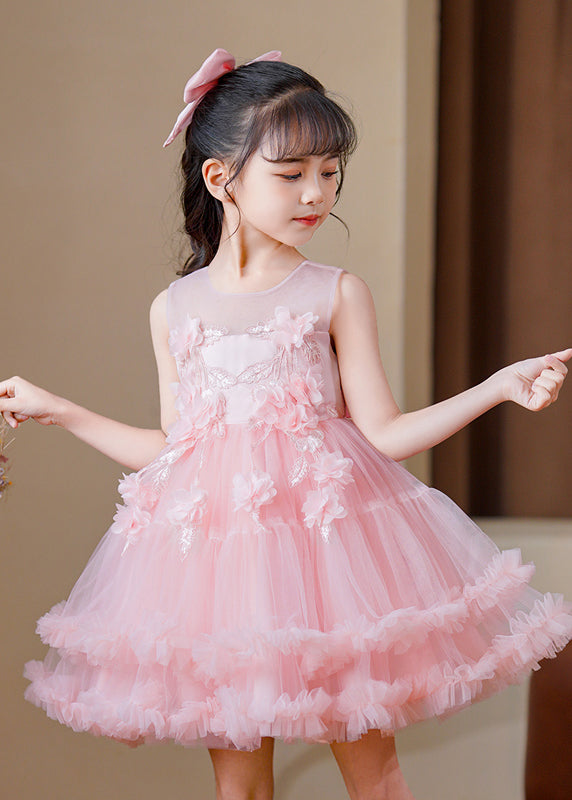 Modern Pink O-Neck Floral Tulle Kids Mid Dress Sleeveless