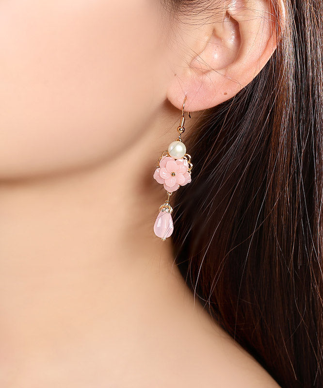 Modern Pink Overgild Jade Pearl Synthetic Flower Drop Earrings