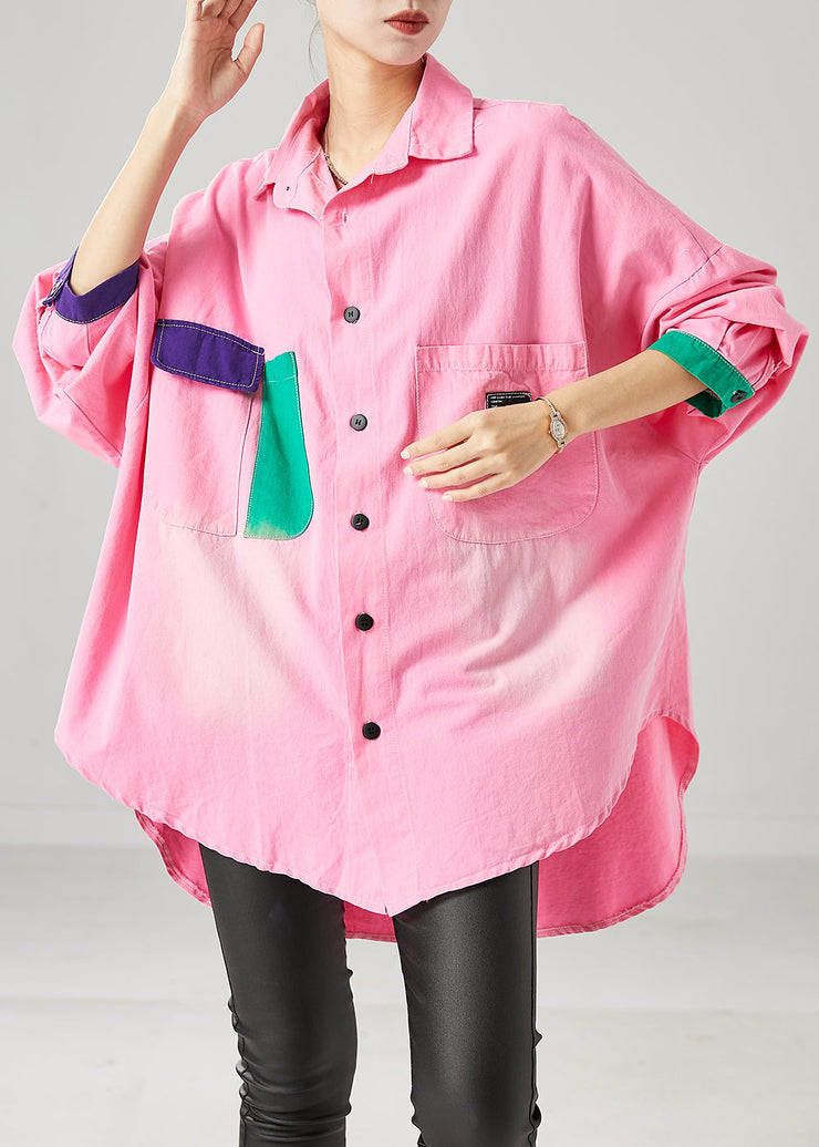 Modern Pink Oversized Patchwork Cotton Shirt Tops Fall