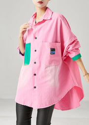 Modern Pink Oversized Patchwork Cotton Shirt Tops Fall