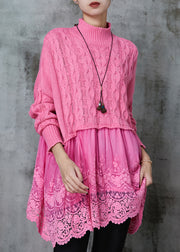 Modern Pink Oversized Patchwork Knit Long Sweater Spring
