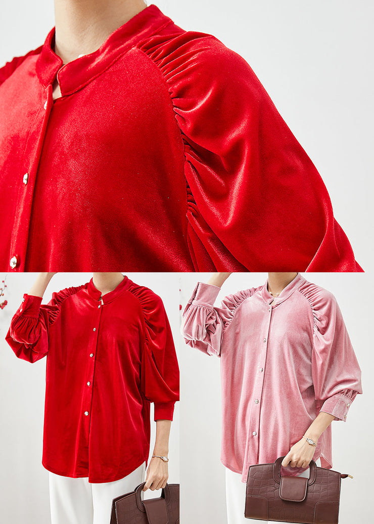 Modern Pink Oversized Wrinkled Silk Velour Shirt Fall