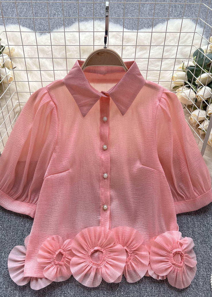 Modern Pink Peter Pan Collar Floral Patchwork Chiffon Shirts Top Summer