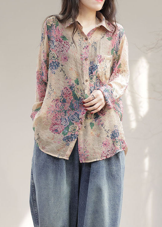 Modern Pink Peter Pan Collar Print Patchwork Linen Shirts Long Sleeve