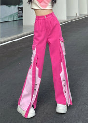 Modern Pink Pockets Patchwork Side Open Denim Pants Spring