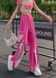 Modern Pink Pockets Patchwork Side Open Denim Pants Spring