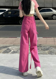 Modern Pink Pockets Patchwork Side Open Denim Pants Fall