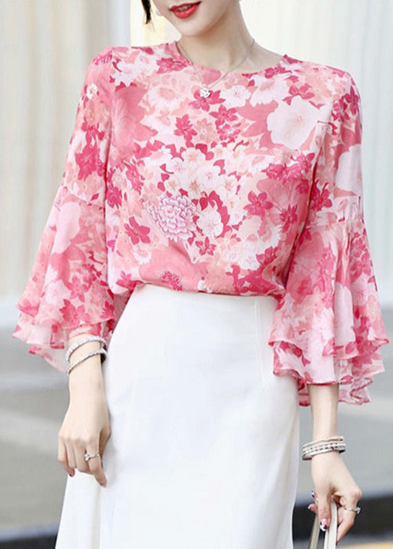 Modern Pink Print Chiffon Shirts Tops Flare Sleeve