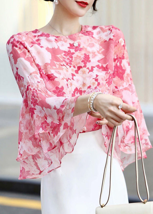 Modern Pink Print Chiffon Shirts Tops Flare Sleeve