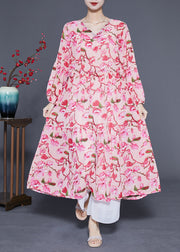 Modern Pink Print Drawstring Exra Large Hem Chiffon Long Dress Spring